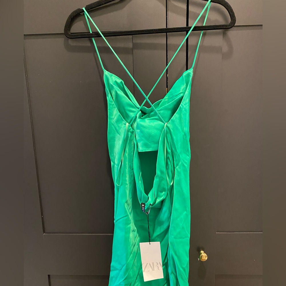 Zara Short Satin Effect Dress Green - Picture 12 of 14